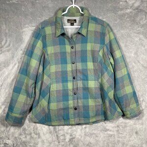 Noble Outfitters Flannel Jacket Sherpa Lining Blue Green Metal Button Womens XL